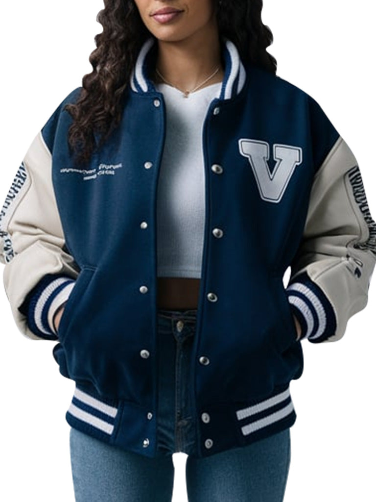 Women's Navy Senior Class Varsity Jacket with Leather Sleeves