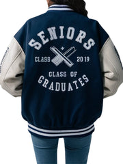 Women's Navy Senior Class Varsity Jacket with Leather Sleeves