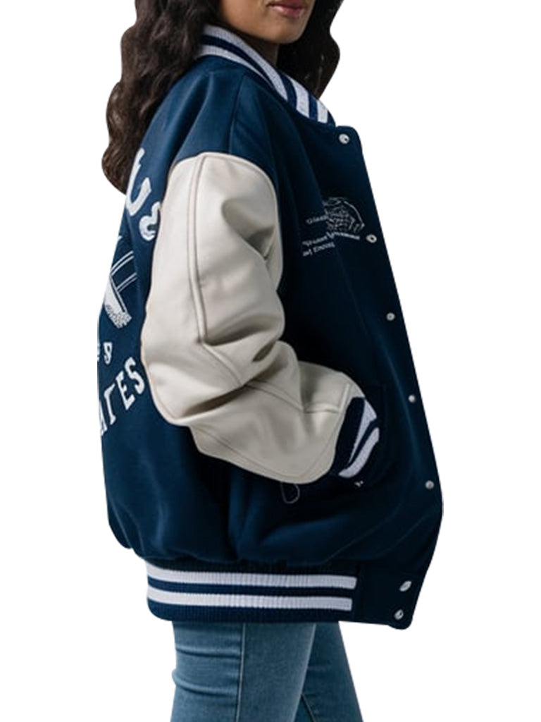 Women's Navy Senior Class Varsity Jacket with Leather Sleeves