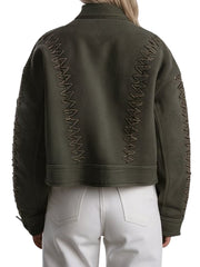 Women's Olive Green Embroidered Cropped Jacket