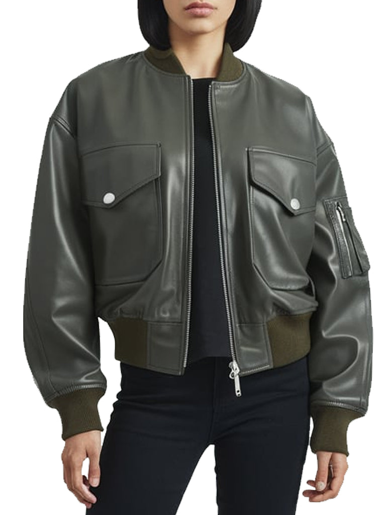 Women's Olive Green Leather Bomber Jacket With Hood