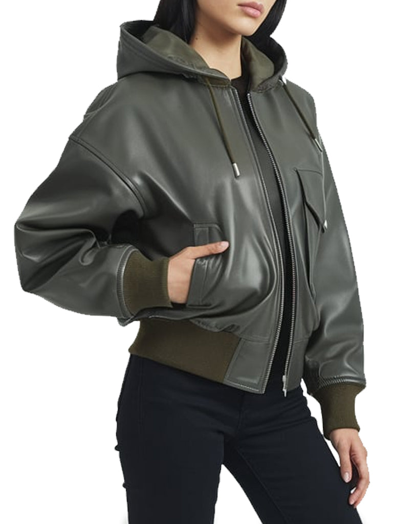 Women's Olive Green Leather Bomber Jacket With Hood