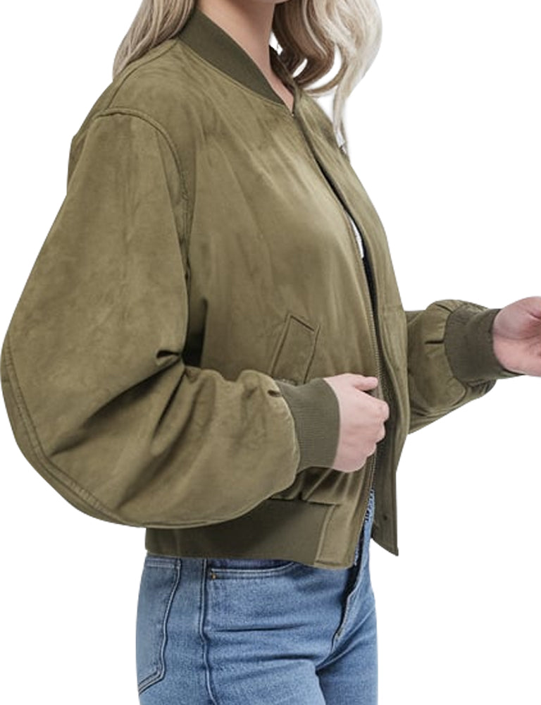 Women's Olive Green Suede Bomber Jacket