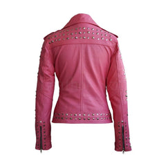 Pink Studded Genuine Leather Jacket