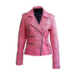 Pink Studded Genuine Leather Jacket