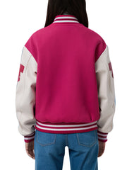 Women's Pink Pinocchio Varsity Letterman Jacket With White Sleeves