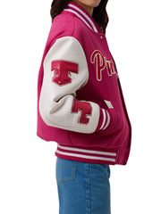 Women's Pink Pinocchio Varsity Letterman Jacket With White Sleeves