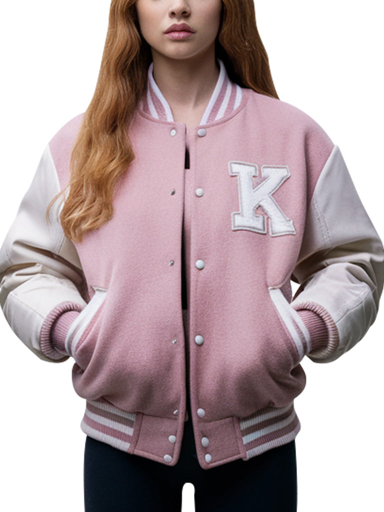 Women’s Pink Varsity Letterman Jacket with White Sleeves