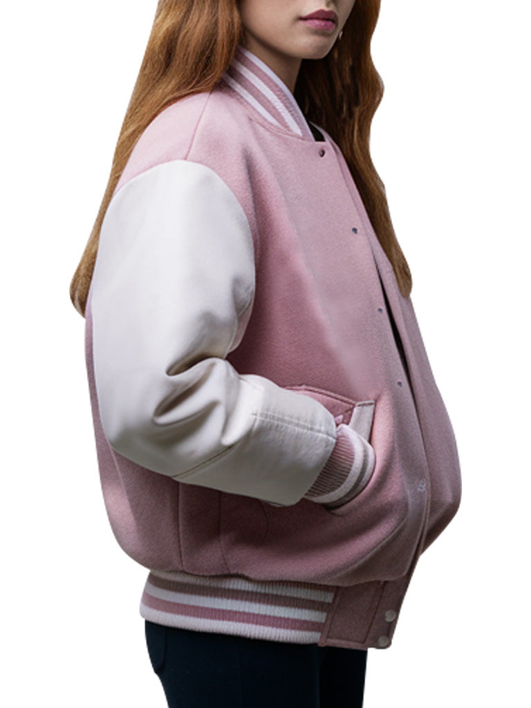 Women’s Pink Varsity Letterman Jacket with White Sleeves