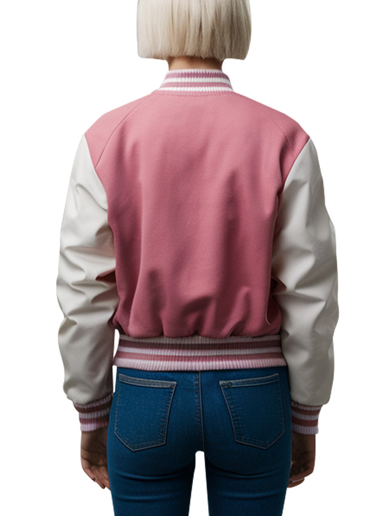 Women's Pink and White Varsity Bomber Jacket