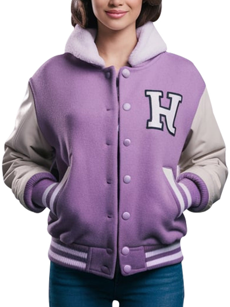 Women's Purple Hooded Varsity Jacket With White Sleeves