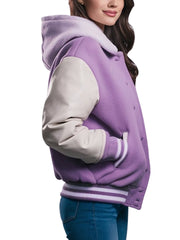 Women's Purple Hooded Varsity Jacket With White Sleeves