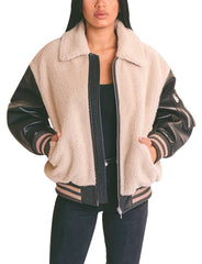 Women's Sherpa Bomber Jacket With Leather Sleeves