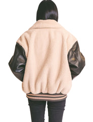 Women's Sherpa Bomber Jacket With Leather Sleeves