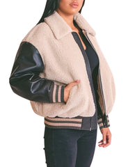 Women's Sherpa Bomber Jacket With Leather Sleeves