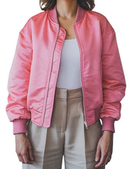 Women Vibrant Pink Satin Bomber Jacket