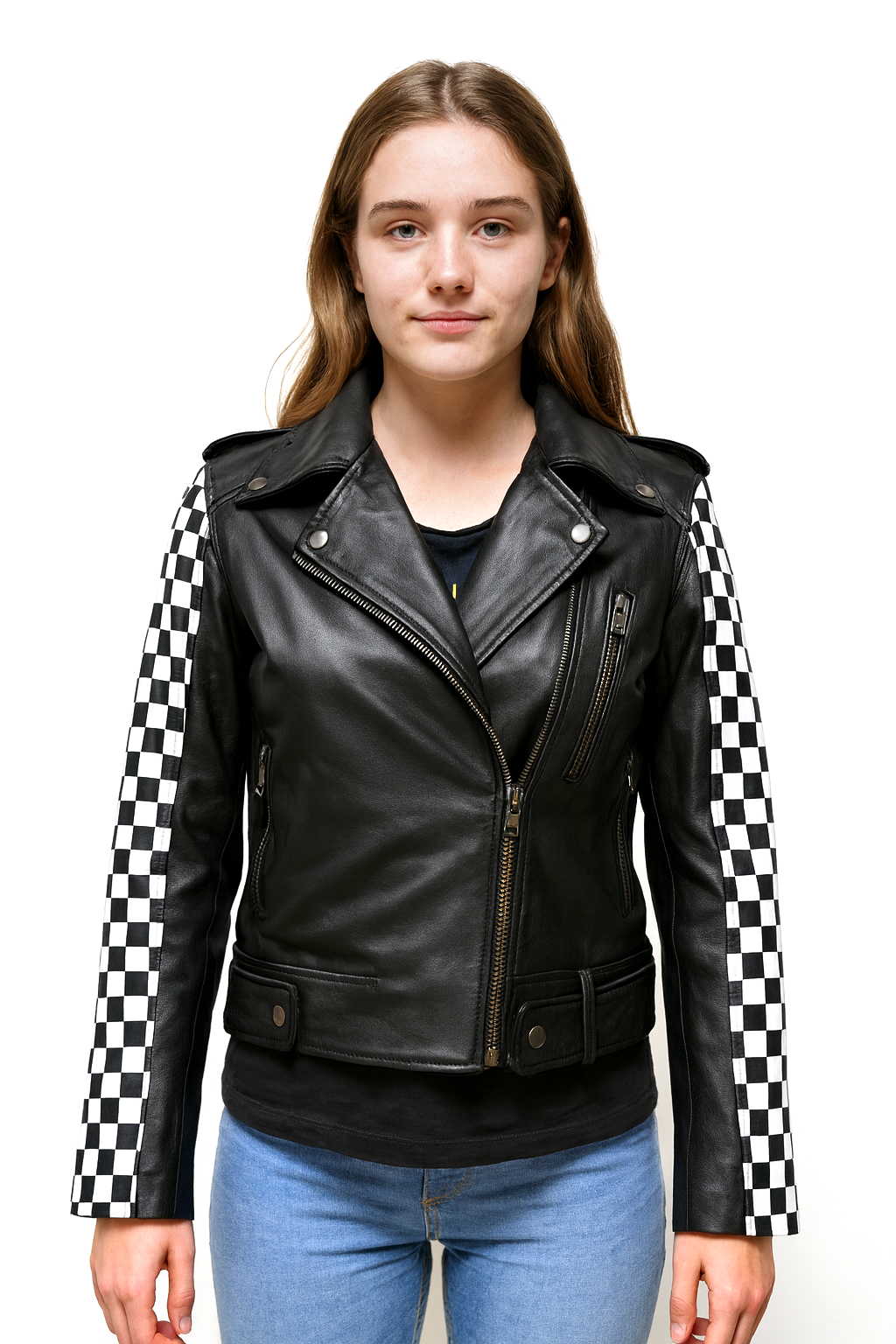 Women Checkered Studded Leather Biker Jacket