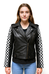 Women's Checkered Studded Leather Biker Jacket