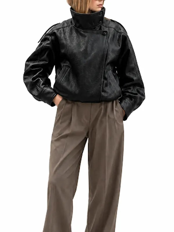 Full front view of women’s oversized biker leather jacket 