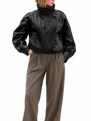 Full front view of women’s oversized biker leather jacket 