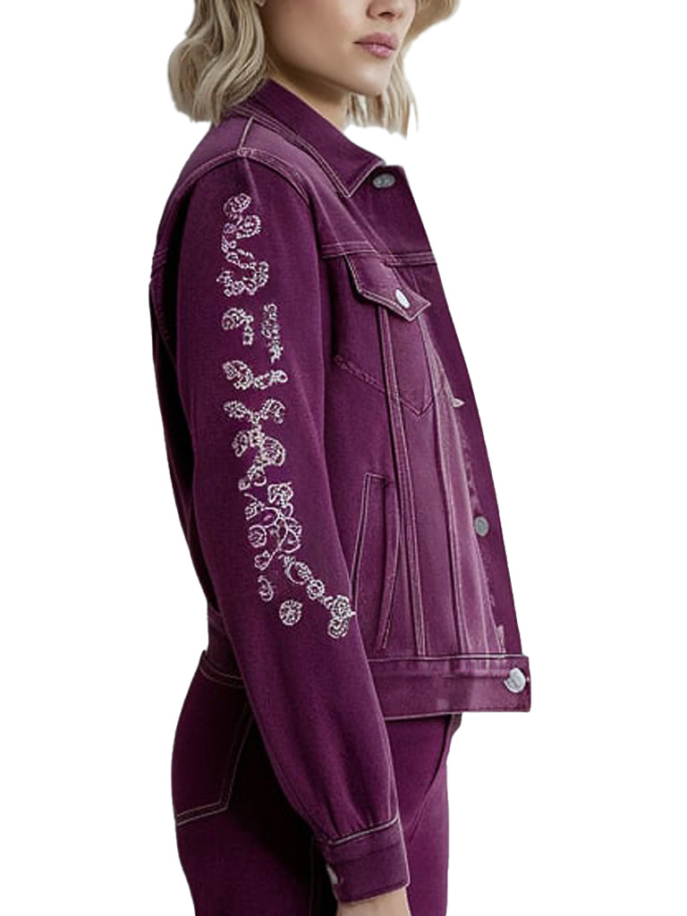 Women's Artistic Design Purple Denim Jacket With White Embroidery