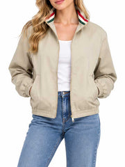 Women’s Beige Cotton Track Jacket with Striped Stand-Up Collar