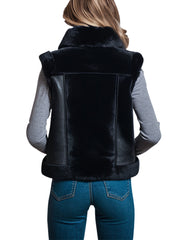 Women's Black Faux Fur Trim Leather Vest