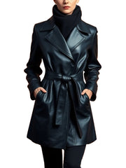 Women's Black Leather Belted Trench Coat