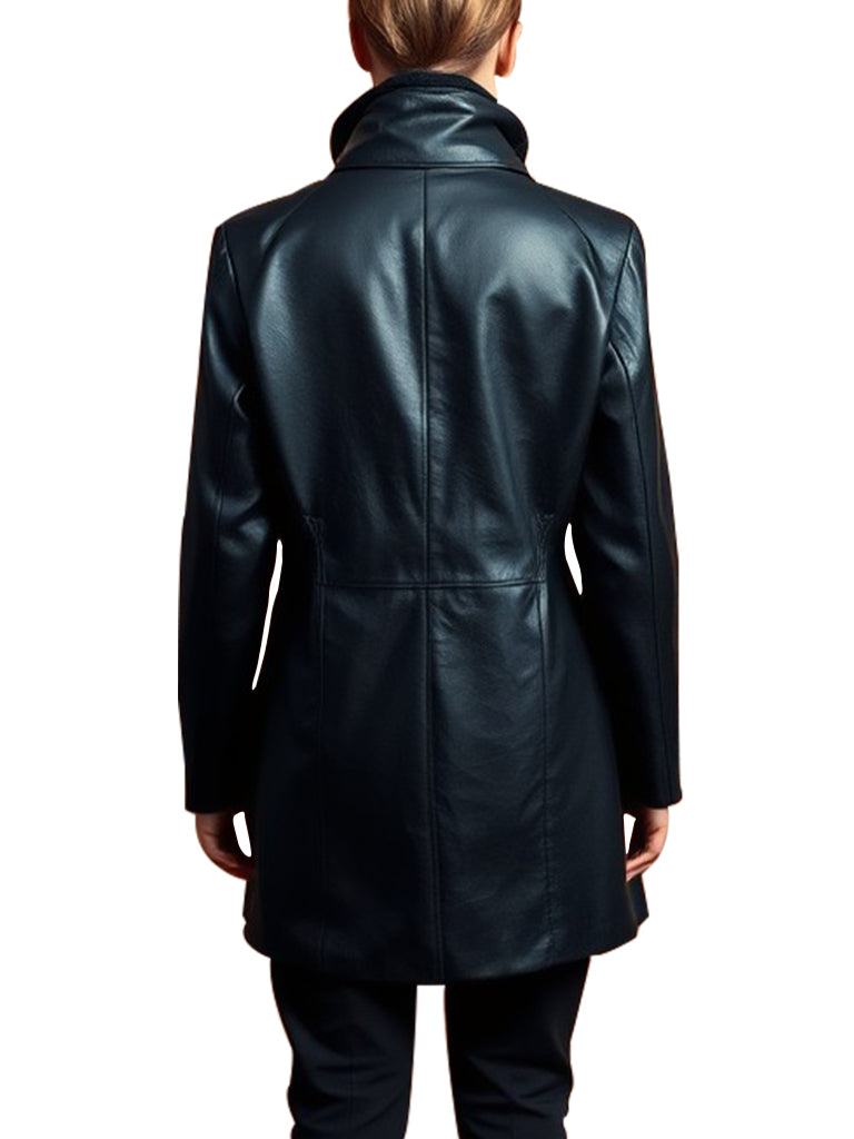 Women's Black Leather Belted Trench Coat