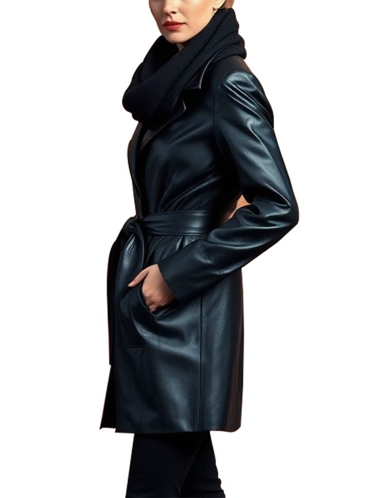 Women's Black Leather Belted Trench Coat