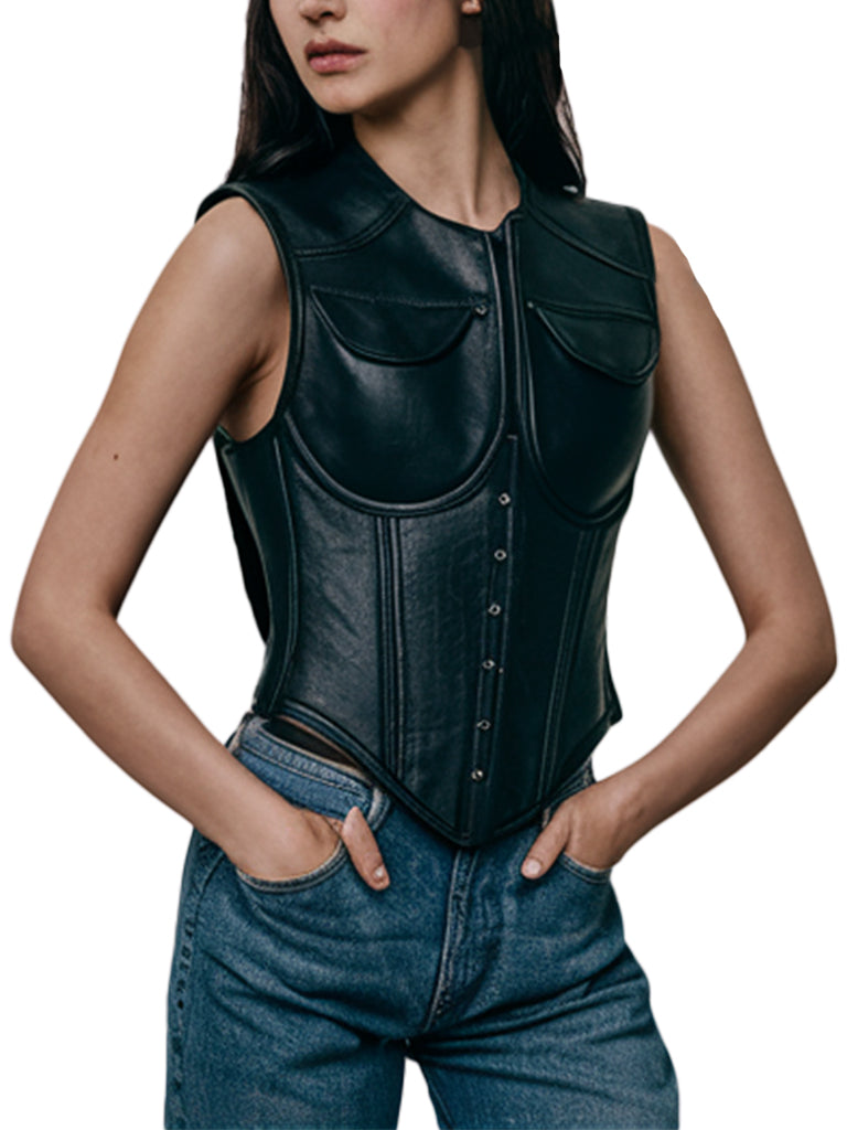 Women's Black Leather Corset Vest