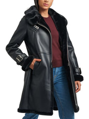 Women's Black Leather Fur-Trimmed Coat