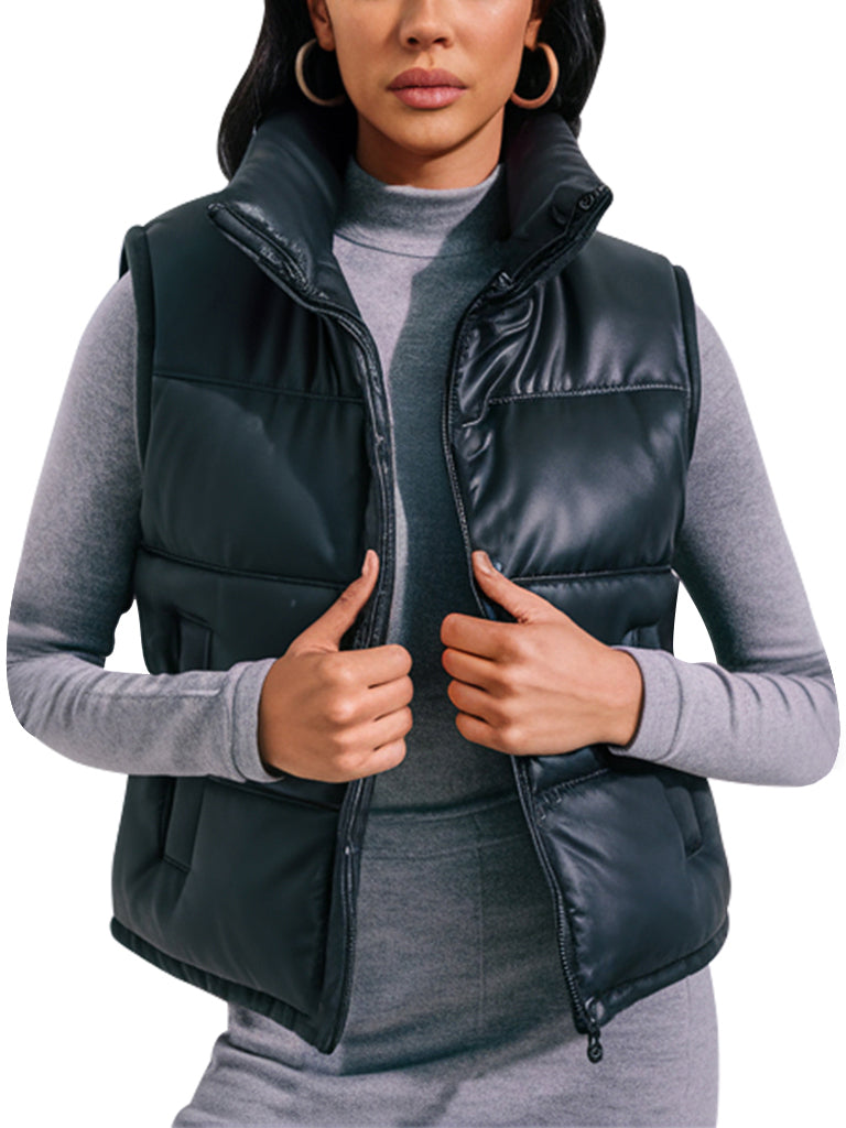 Women's Black Leather Puffer Vest