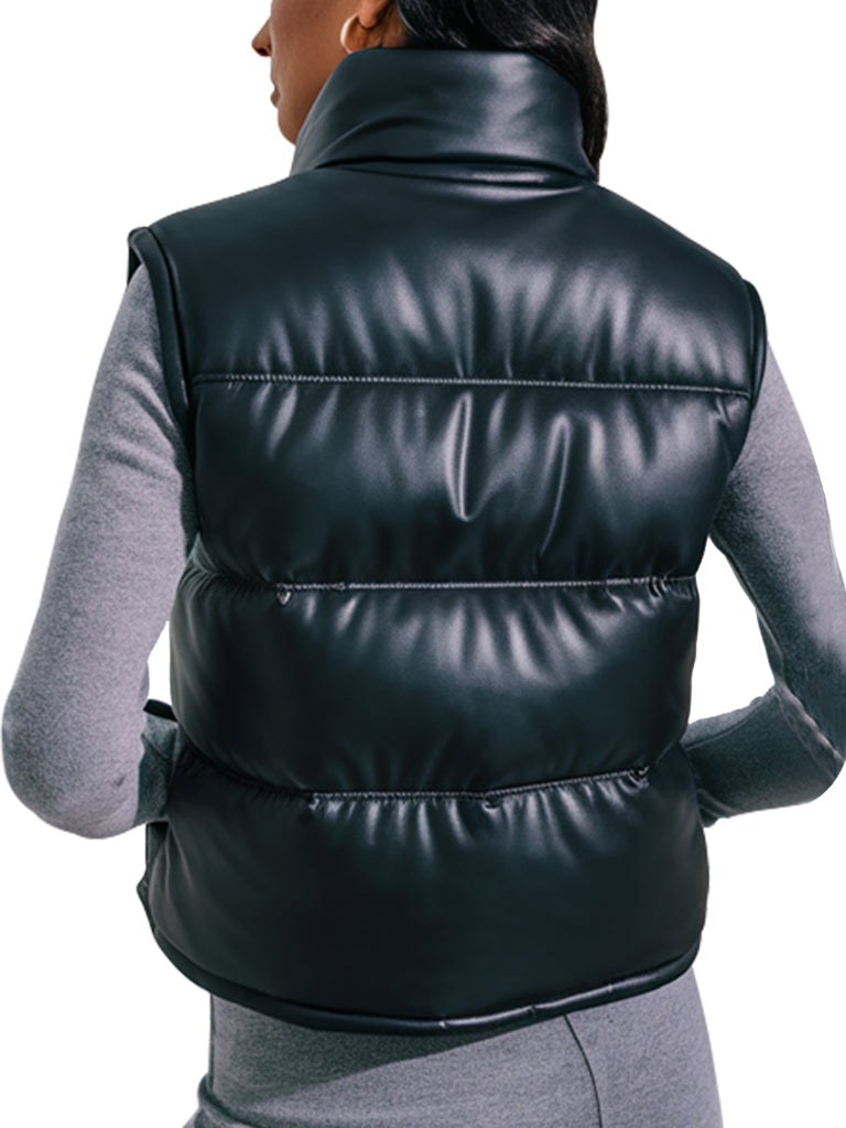 Women's Black Leather Puffer Vest