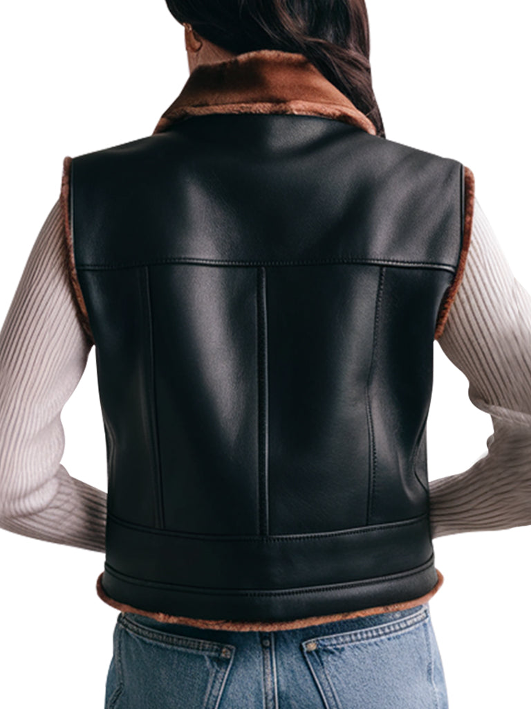 Women's Black Leather Vest With Brown Faux Shearling Collar