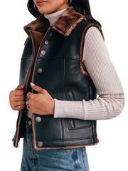 Women's Black Leather Vest With Brown Faux Shearling Collar