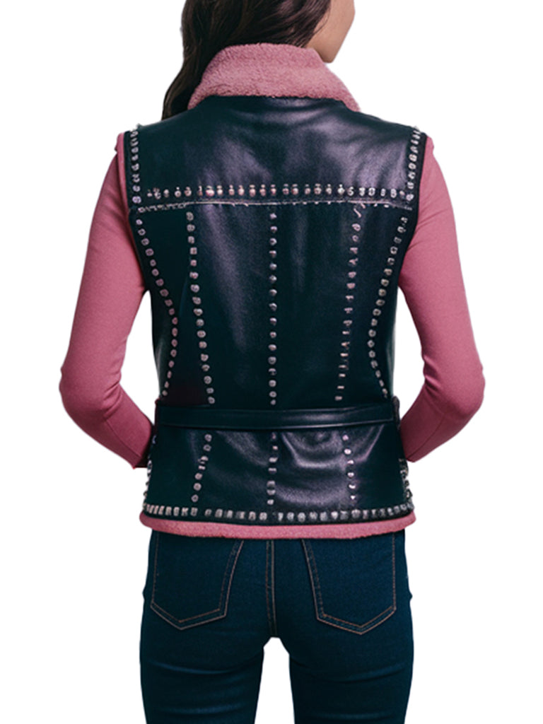 Women's Black Leather Vest With Pink Faux Shearling Collar