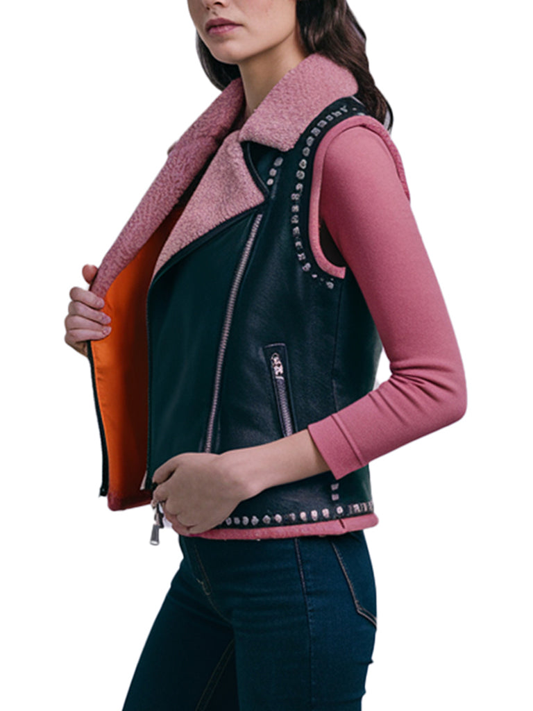 Women's Black Leather Vest With Pink Faux Shearling Collar