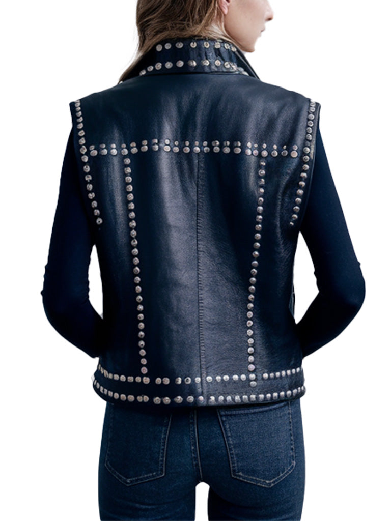 Women's Black Studded Modern Design Leather Vest