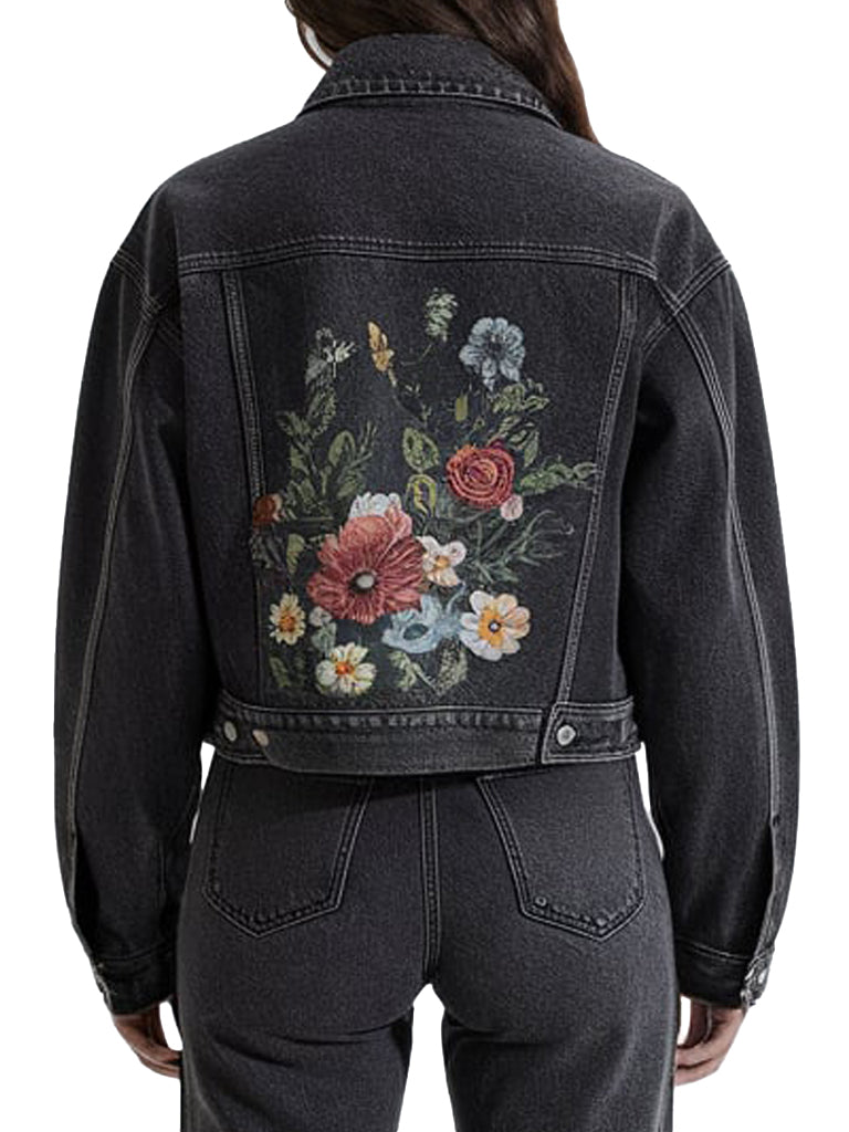 Women's Black Veil Denim Jacket With Floral Embroidery