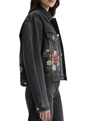 Women's Black Veil Denim Jacket With Floral Embroidery