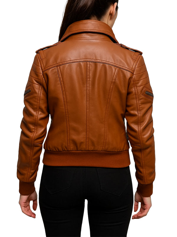 Womens Brown Leather Bomber Jacket With Pockets