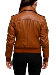 Womens Brown Leather Bomber Jacket With Pockets