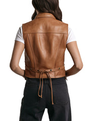 Women's Brown Stylish Leather Biker Vest With Side Laces