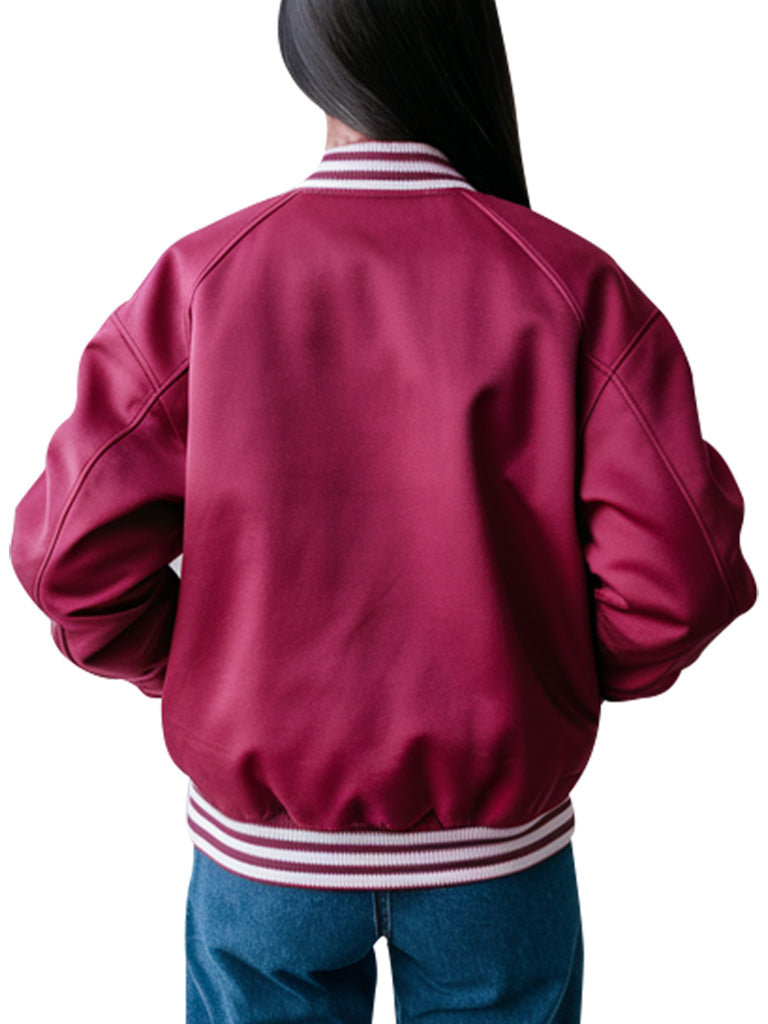 Women's Burgundy Varsity Letterman Jacket With White Stripes