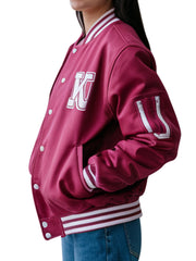 Women's Burgundy Varsity Letterman Jacket With White Stripes