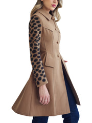 Women's Camel Coat With Leopard Print Sleeves