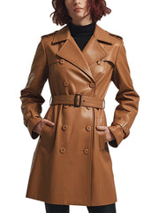 Women's Camel Double-Breasted Leather Trench Coat