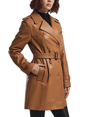 Women's Camel Double-Breasted Leather Trench Coat