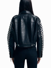 Women's Checkered Studded Leather Biker Jacket